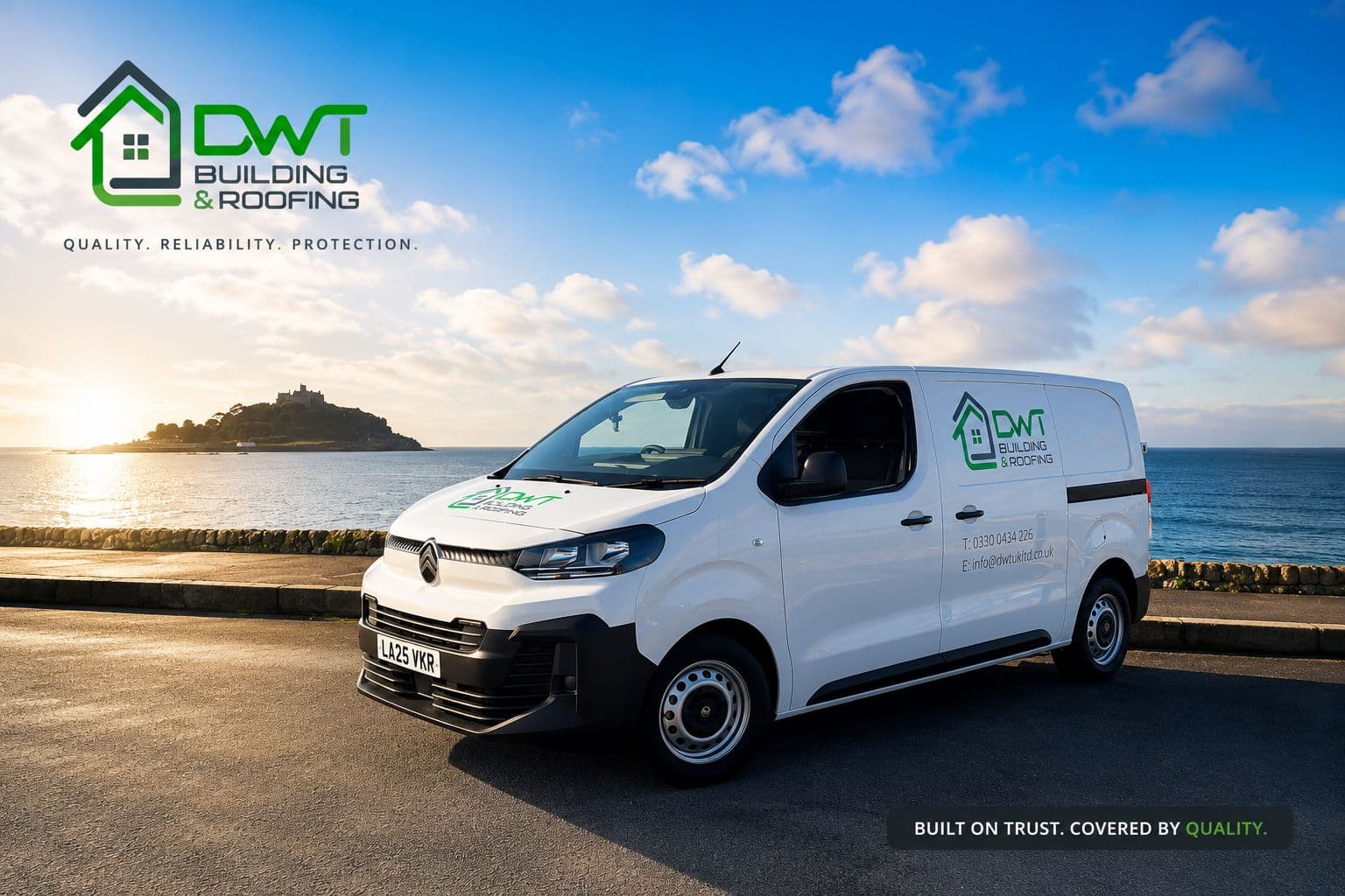 DWT Building & Roofing van on site in Cornwall